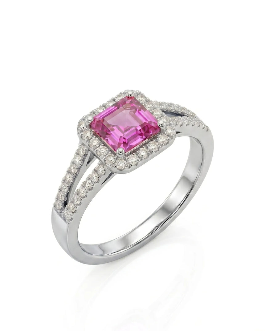 Asscher cut purple sapphire ring with diamond halo and split shank in platinum | SARATTI