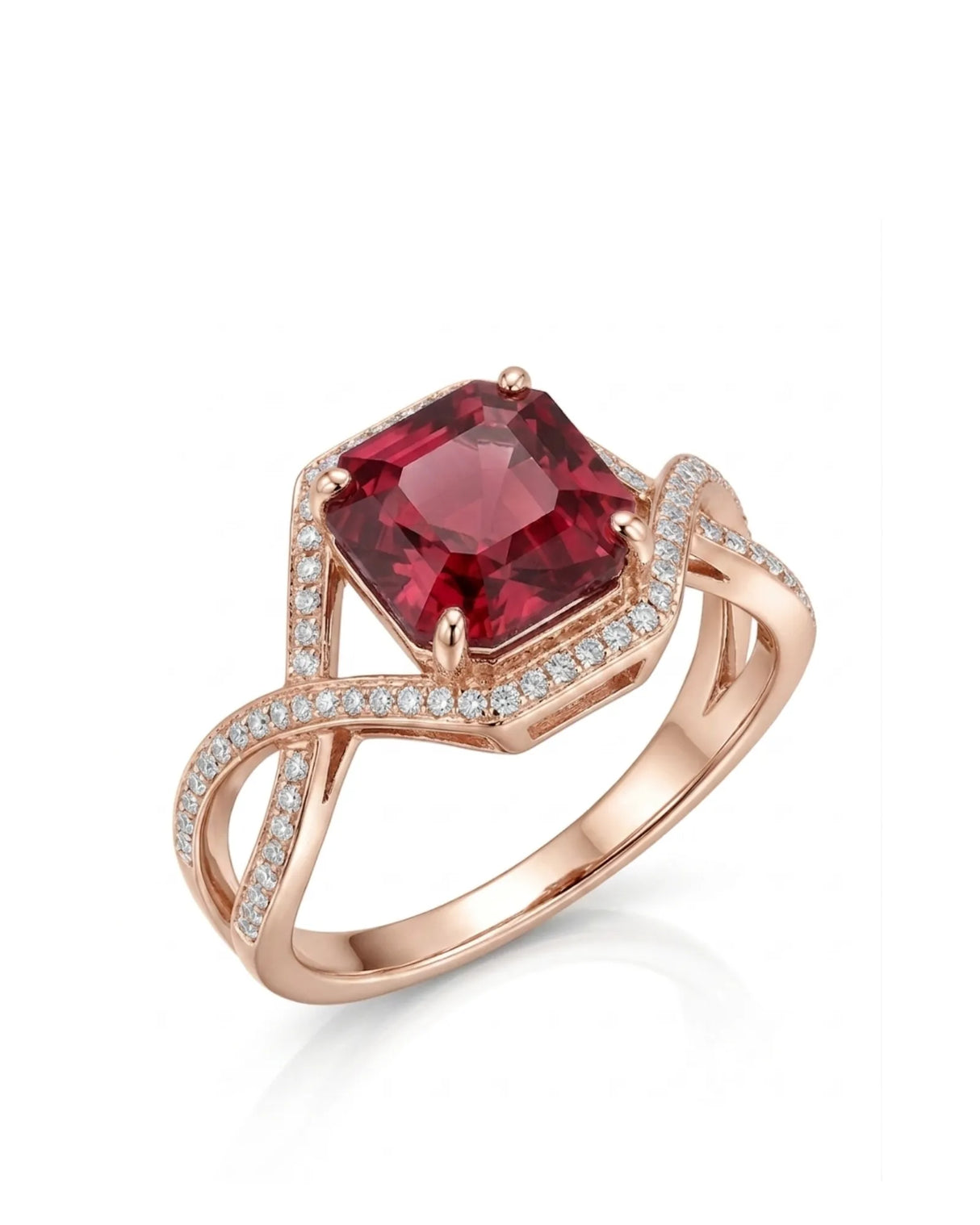Asscher cut red-pink garnet ring with diamond split shank in 18K rose gold | SARATTI