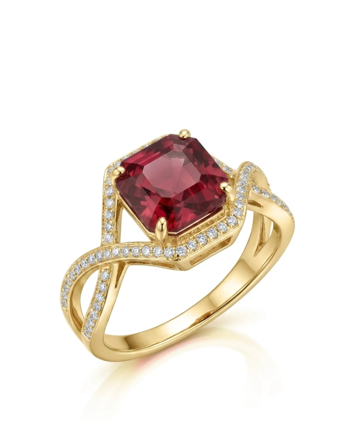 Asscher cut red-pink garnet ring with diamond split shank in 18K yellow gold | SARATTI