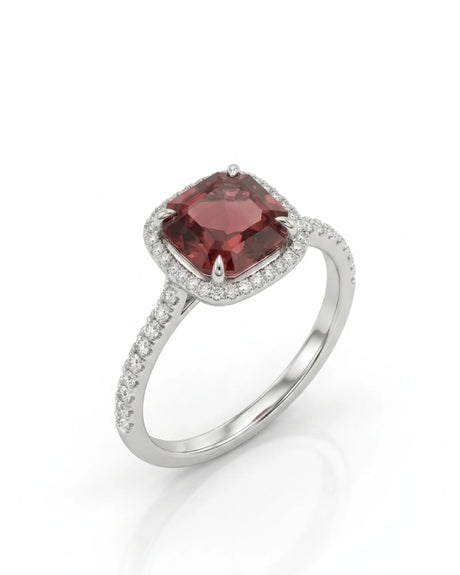 Asscher cut red tourmaline diamond halo ring in 18K white gold | SARATTI