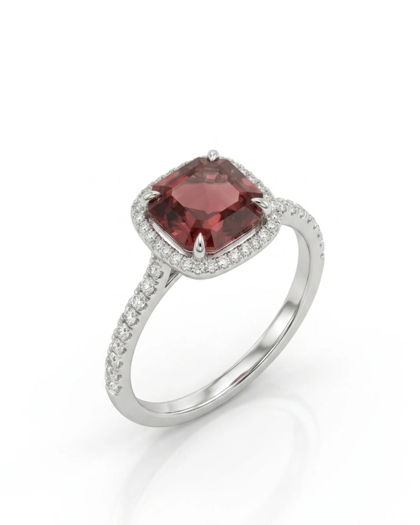 Asscher cut red tourmaline diamond halo ring in 18K white gold | SARATTI