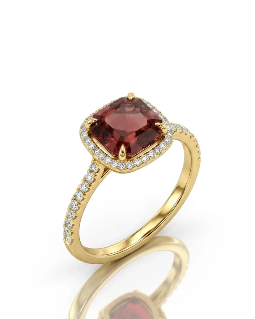 Asscher cut red tourmaline diamond halo ring in 18K yellow gold | SARATTI
