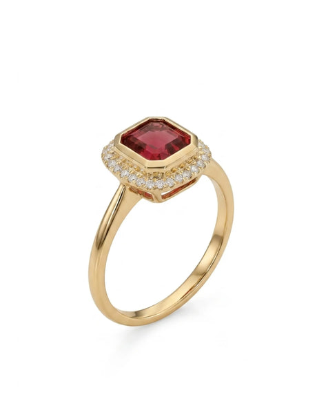 Asscher cut red tourmaline ring with diamond halo in 18K yellow gold | SARATTI
