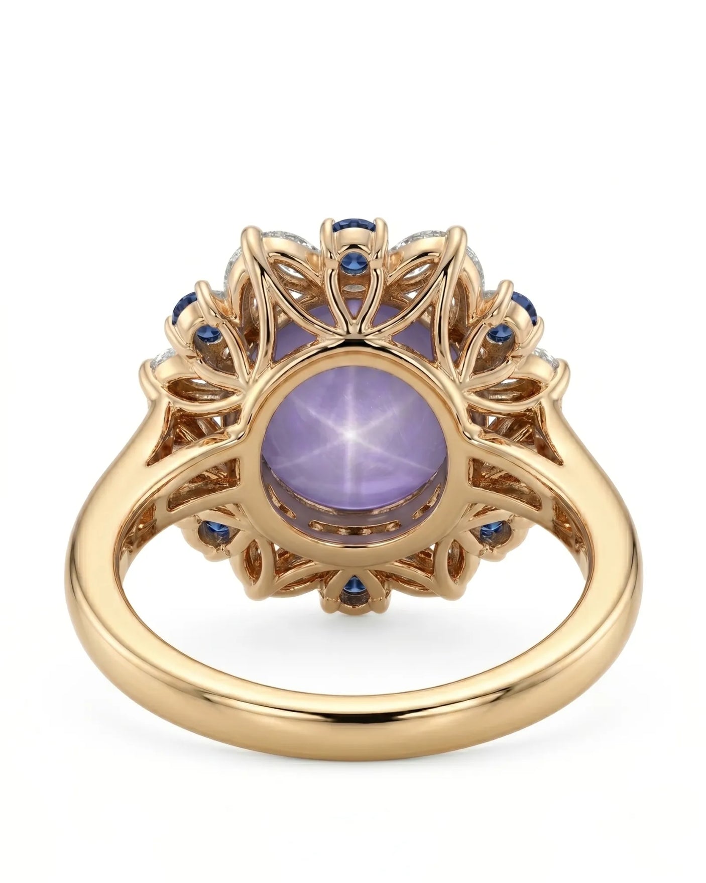Asteria’s Garden sapphire ring with celestial floral halo in 18K yellow gold | SARATTI