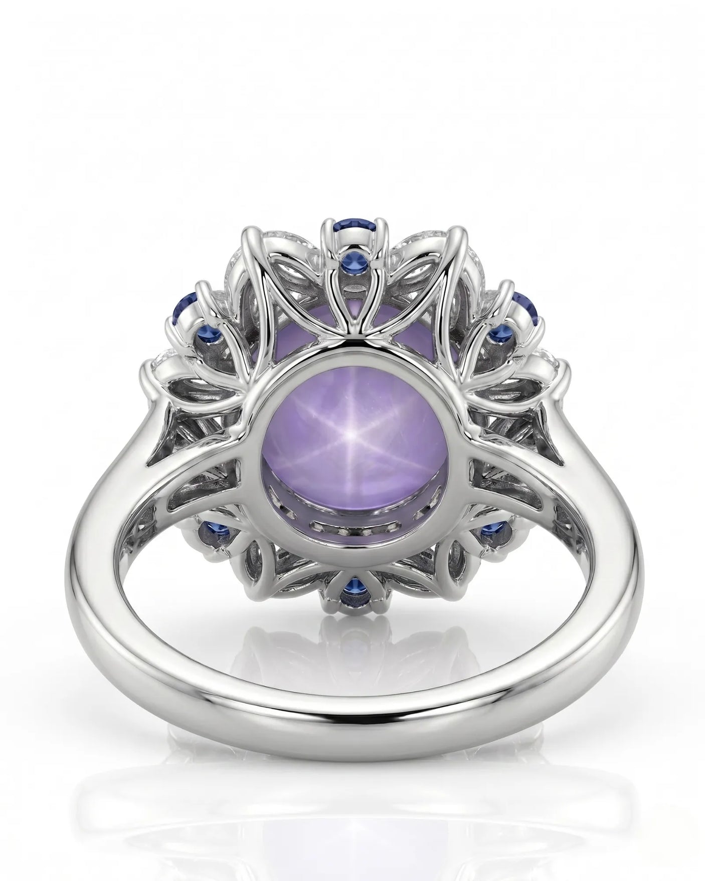 Asteria’s Garden sapphire ring with celestial floral halo in platinum | SARATTI