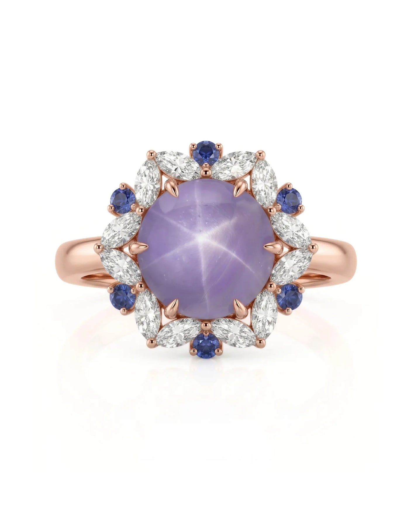 Asteria’s Garden sapphire ring with romantic floral halo in 18K rose gold | SARATTI