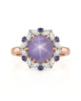 Asteria’s Garden sapphire ring with romantic floral halo in 18K rose gold | SARATTI