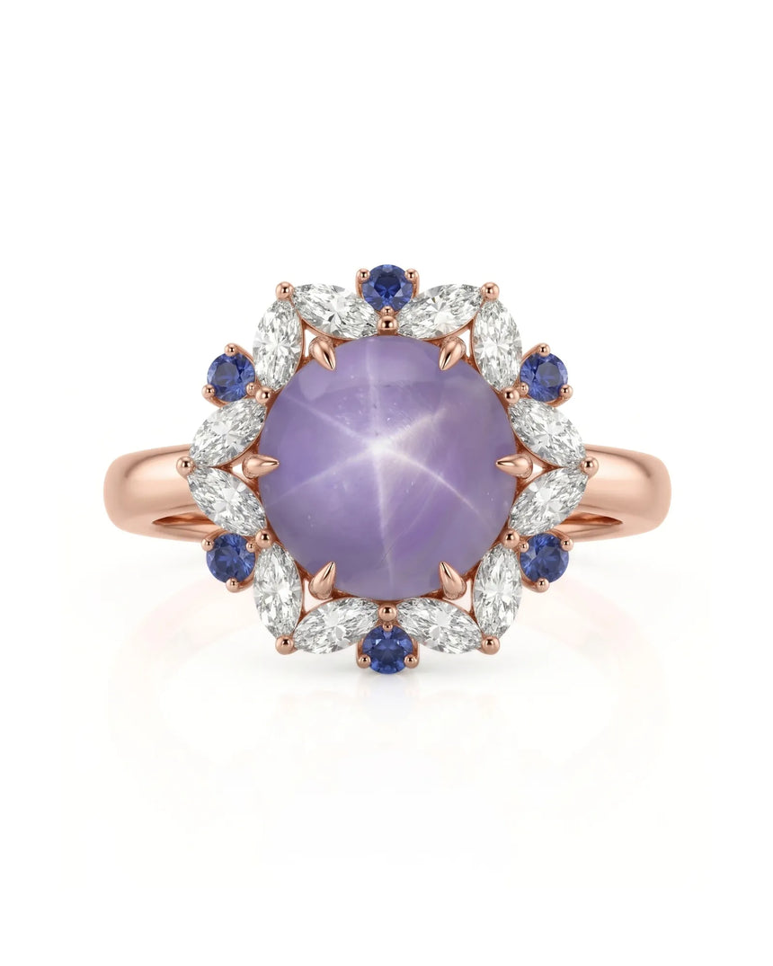 Asteria’s Garden sapphire ring with romantic floral halo in 18K rose gold | SARATTI