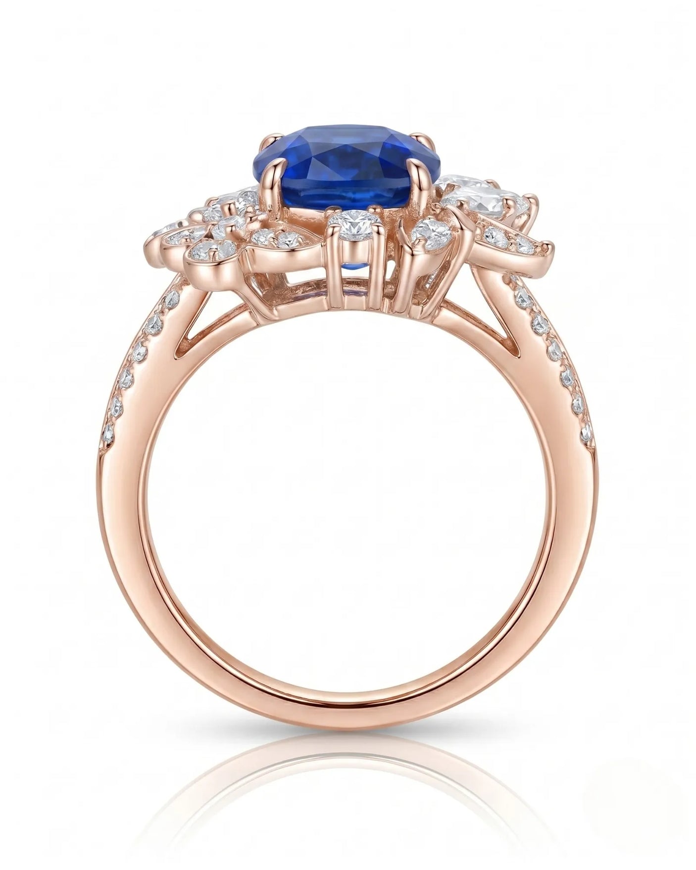 Asymmetrical sapphire ring with pear, round, and marquise diamonds in 18K rose gold | SARATTI