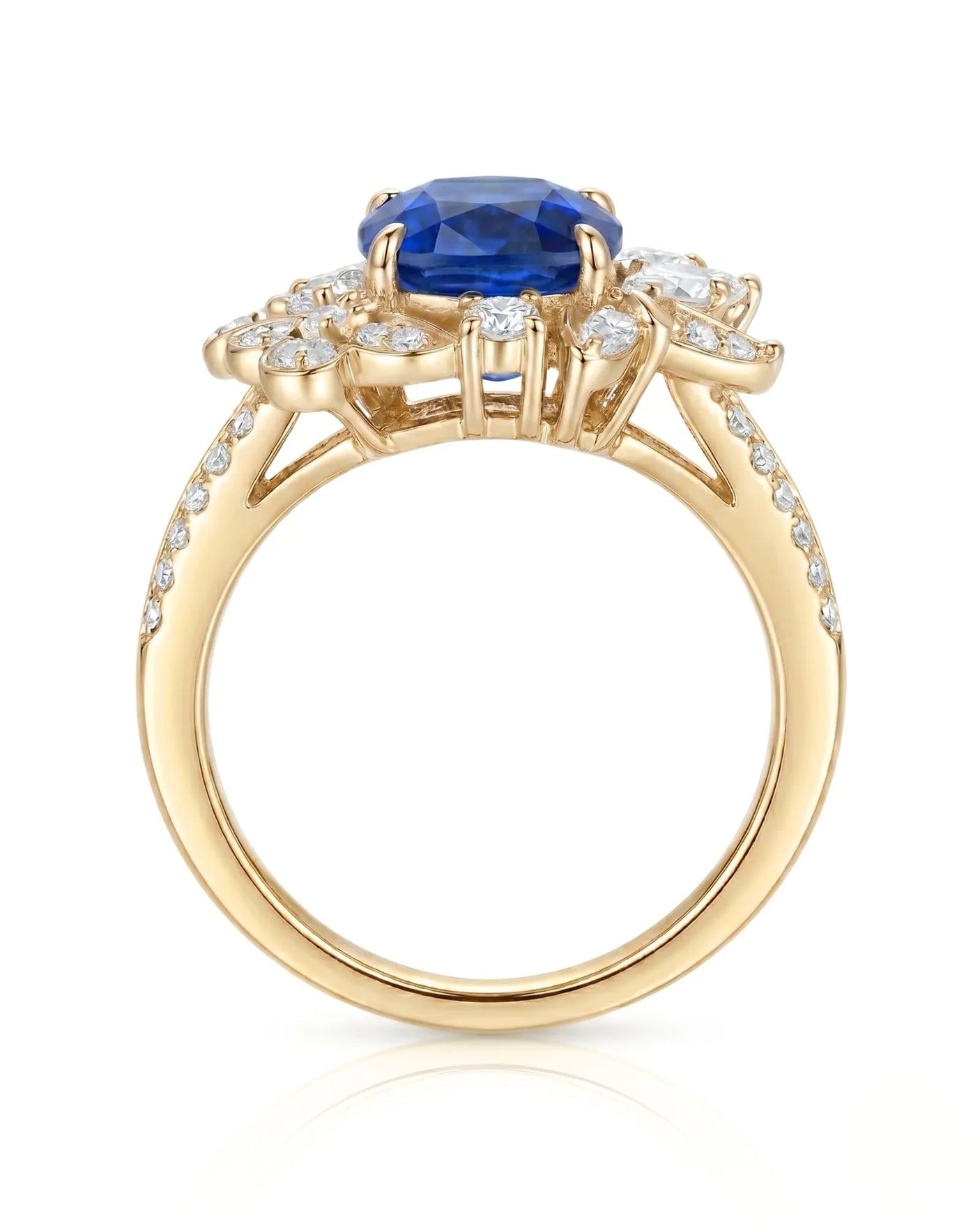 Asymmetrical sapphire ring with pear, round, and marquise diamonds in 18K yellow gold | SARATTI