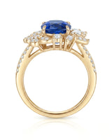 Asymmetrical sapphire ring with pear, round, and marquise diamonds in 18K yellow gold | SARATTI