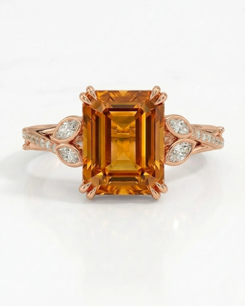 Aurelia Leaf rose gold setting for selected emerald cut Imperial Topaz | SARATTI