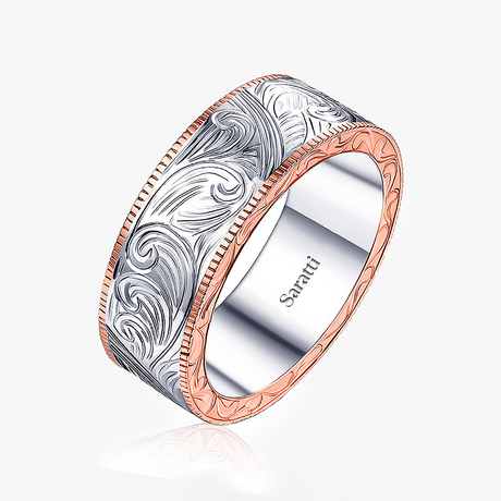 Aurelian scroll men’s wedding band 18k rose and white gold 