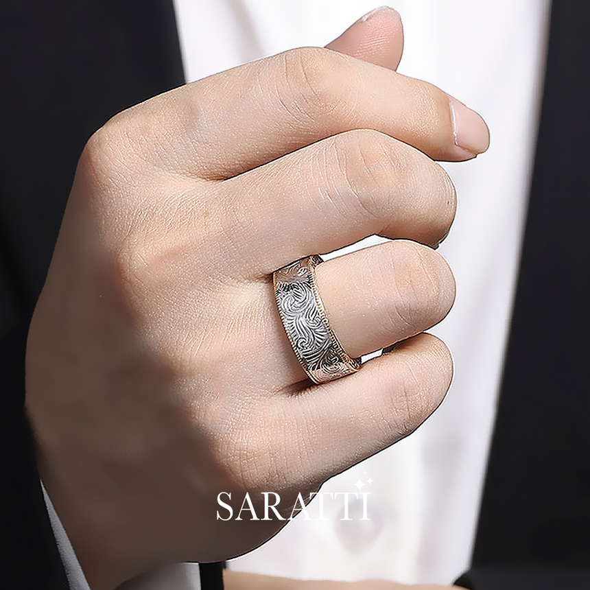 Aurelian scroll men’s wedding band 18k rose and white gold engraved scroll design | SARATTI