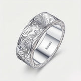 Aurelian scroll men’s wedding band platinum engraved scroll design | SARATTI