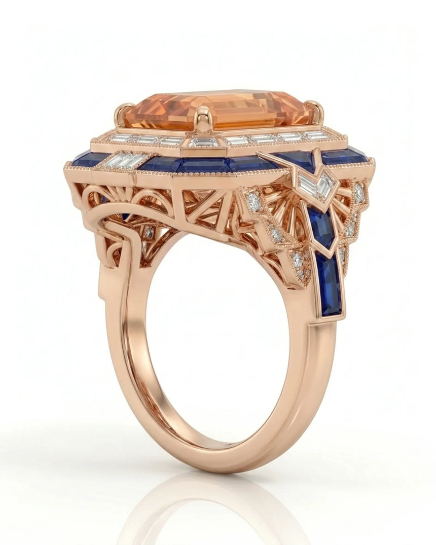 Azure Empress rose gold setting for selected emerald cut Imperial Topaz | SARATTI