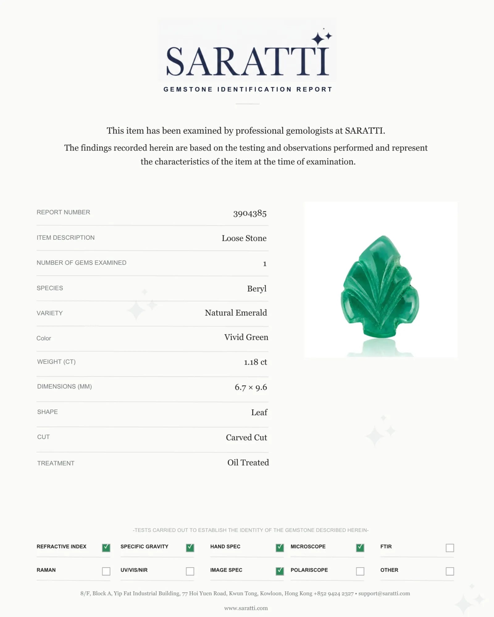 Back view of 1.18ct Natural Emerald carved leaf gemstone - SARATTI