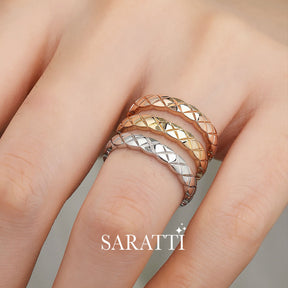Stacked Plain Hot Cross Diamond Eternity Bands on Model's ring finger| Saratti 