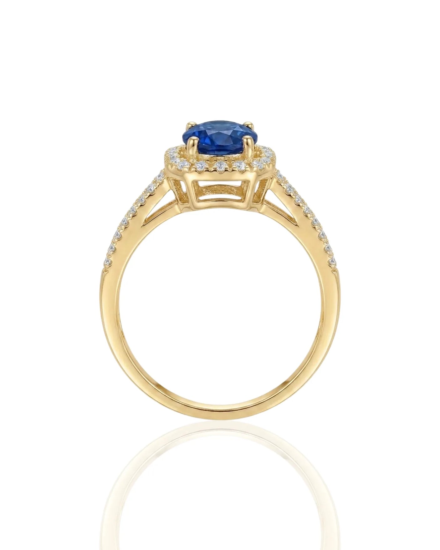 Bleu Royale sapphire ring with modern split shank diamond design in 18K yellow gold | SARATTI