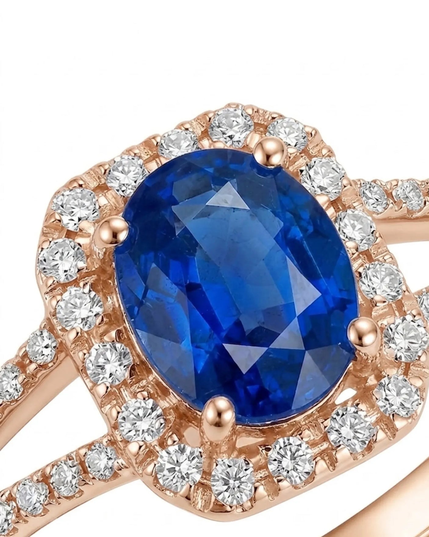 Bleu Royale sapphire ring with romantic split shank diamond design in 18K rose gold | SARATTI