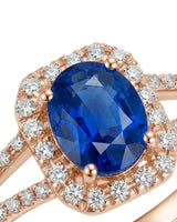 Bleu Royale sapphire ring with romantic split shank diamond design in 18K rose gold | SARATTI