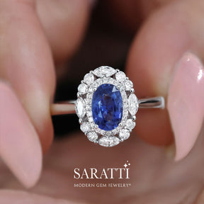Blue Sapphire Halo Ring 18K White Gold Glamorous Jewelry | Modern Gem Jewelry | Saratti