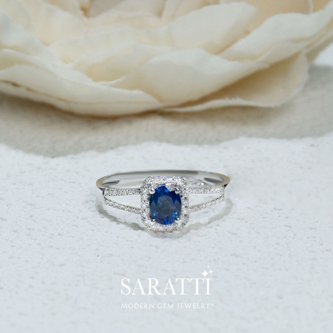 Oval Blue Sapphire Centre Stone |  Bleu Royale Natural Sapphire Split Shank Ring | Saratti Jewelry
