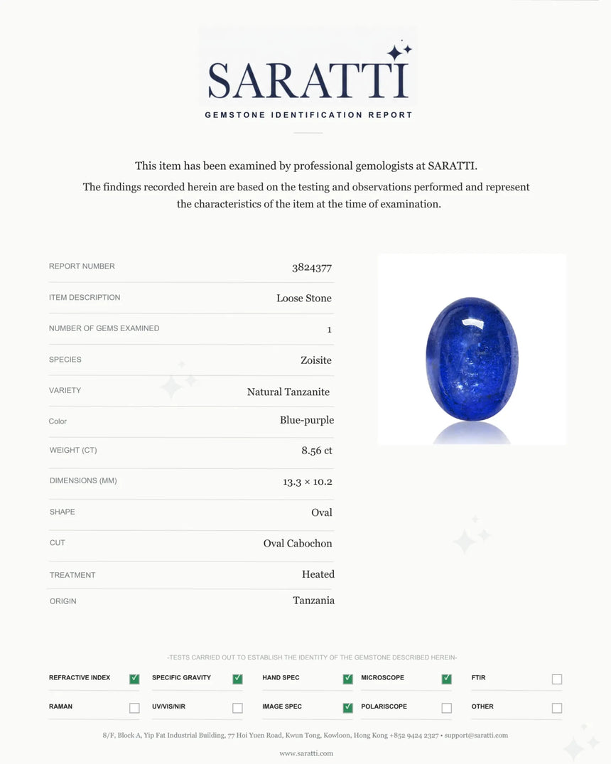 Blue-purple Tanzanite cabochon showing directional colour variation | SARATTI