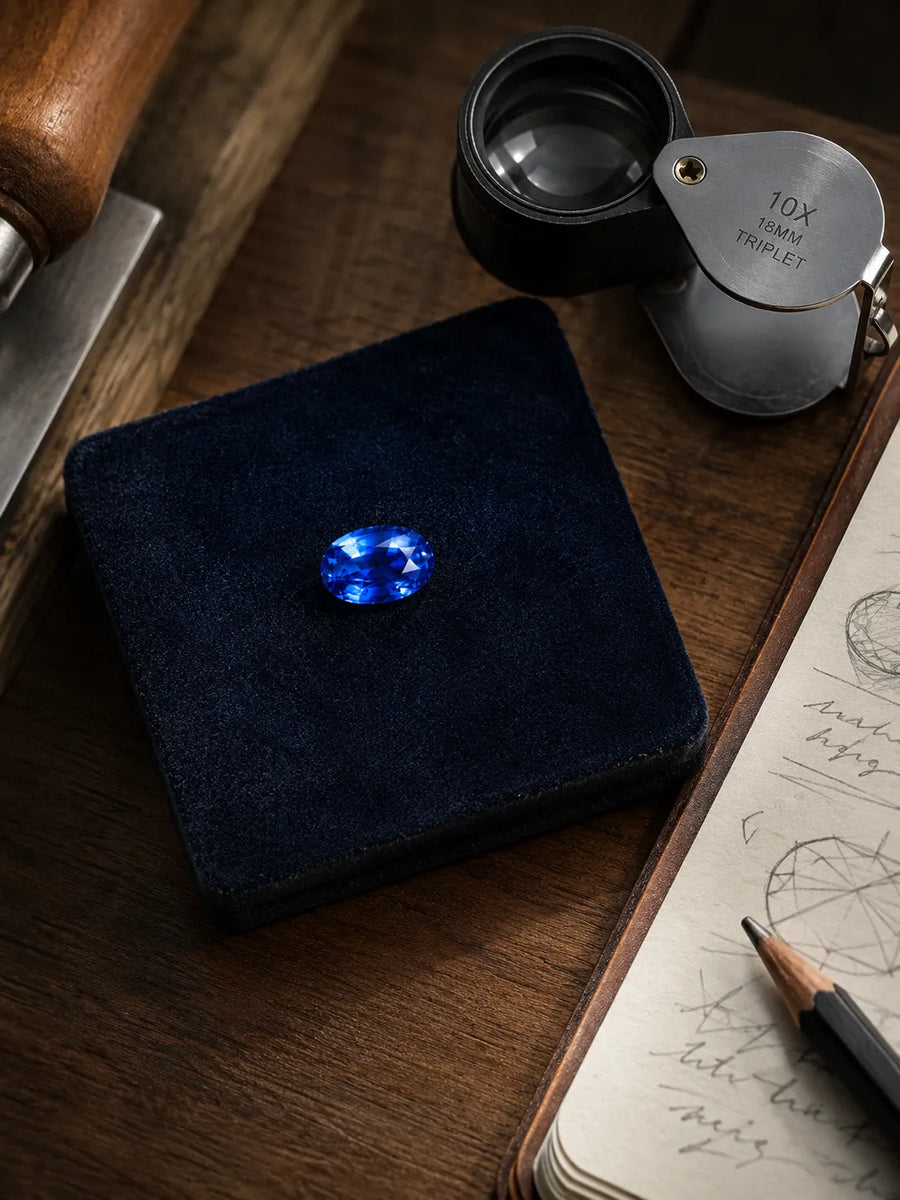 SARATTI oval blue sapphire studied on a navy velvet pad with 10x loupe, pencil notes, and jeweler’s workshop tools