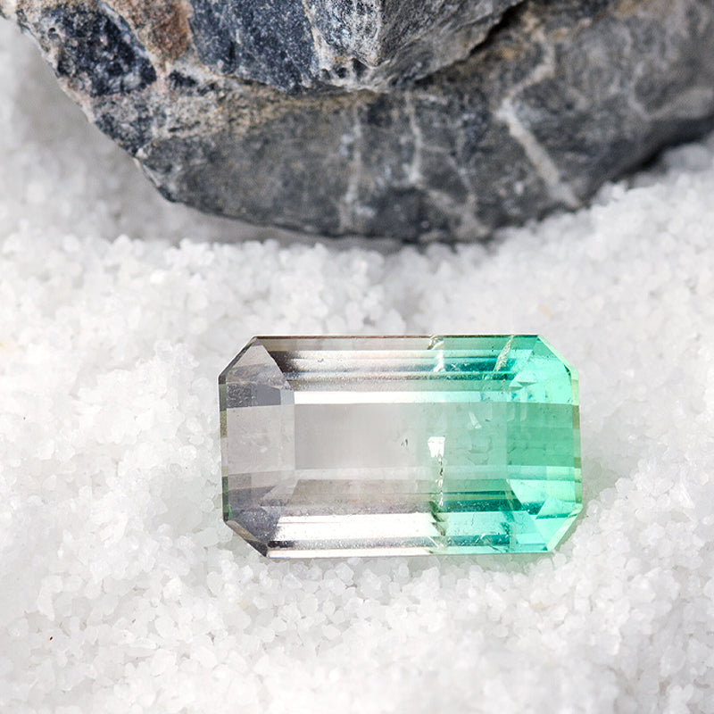 Blue and White Emerald Cut Natural Tourmaline Gem | Saratti