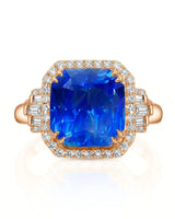 Blue cushion sapphire ring with round and baguette diamonds in 18K rose gold | SARATTI