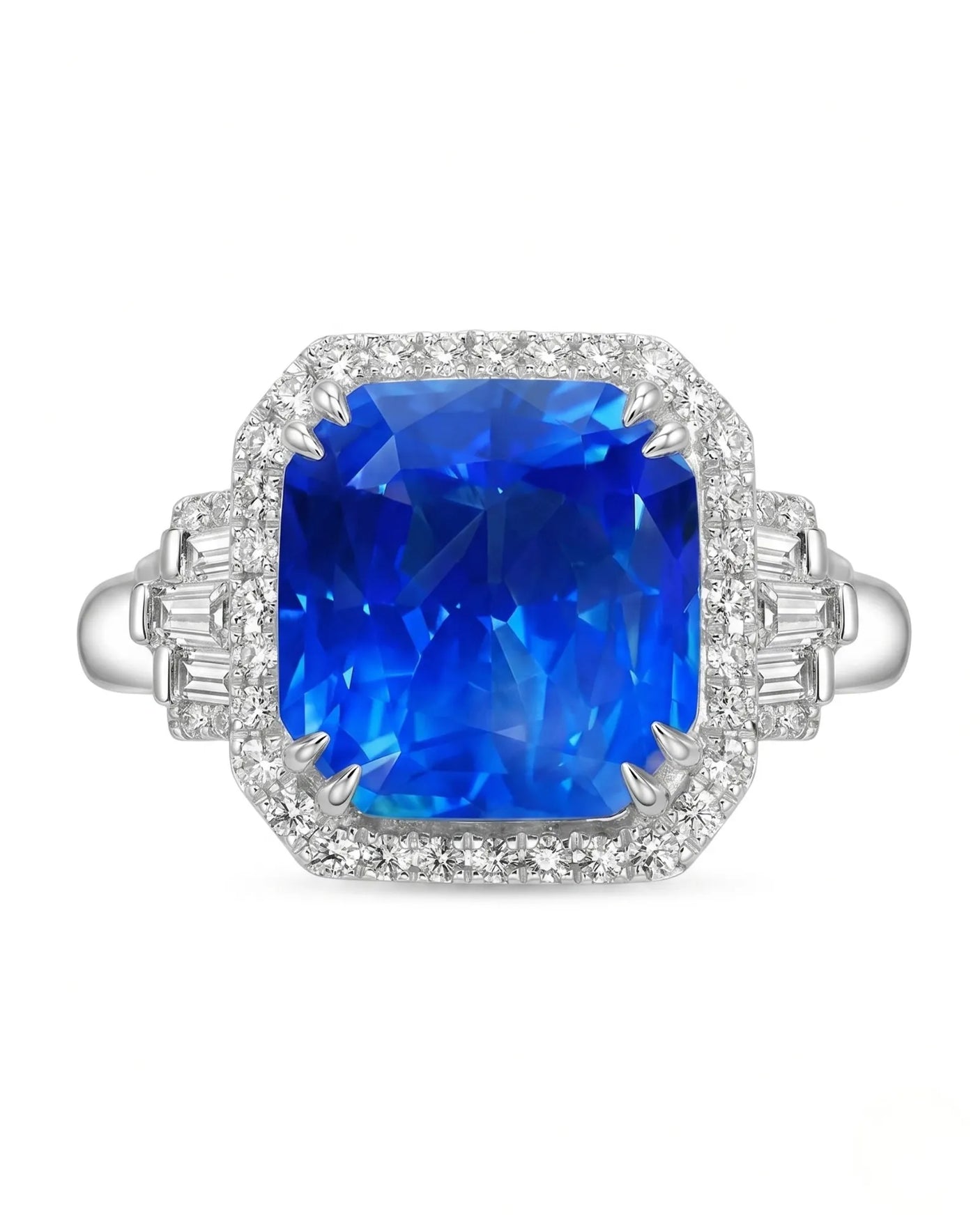 Blue cushion sapphire ring with round and baguette diamonds in enduring platinum | SARATTI