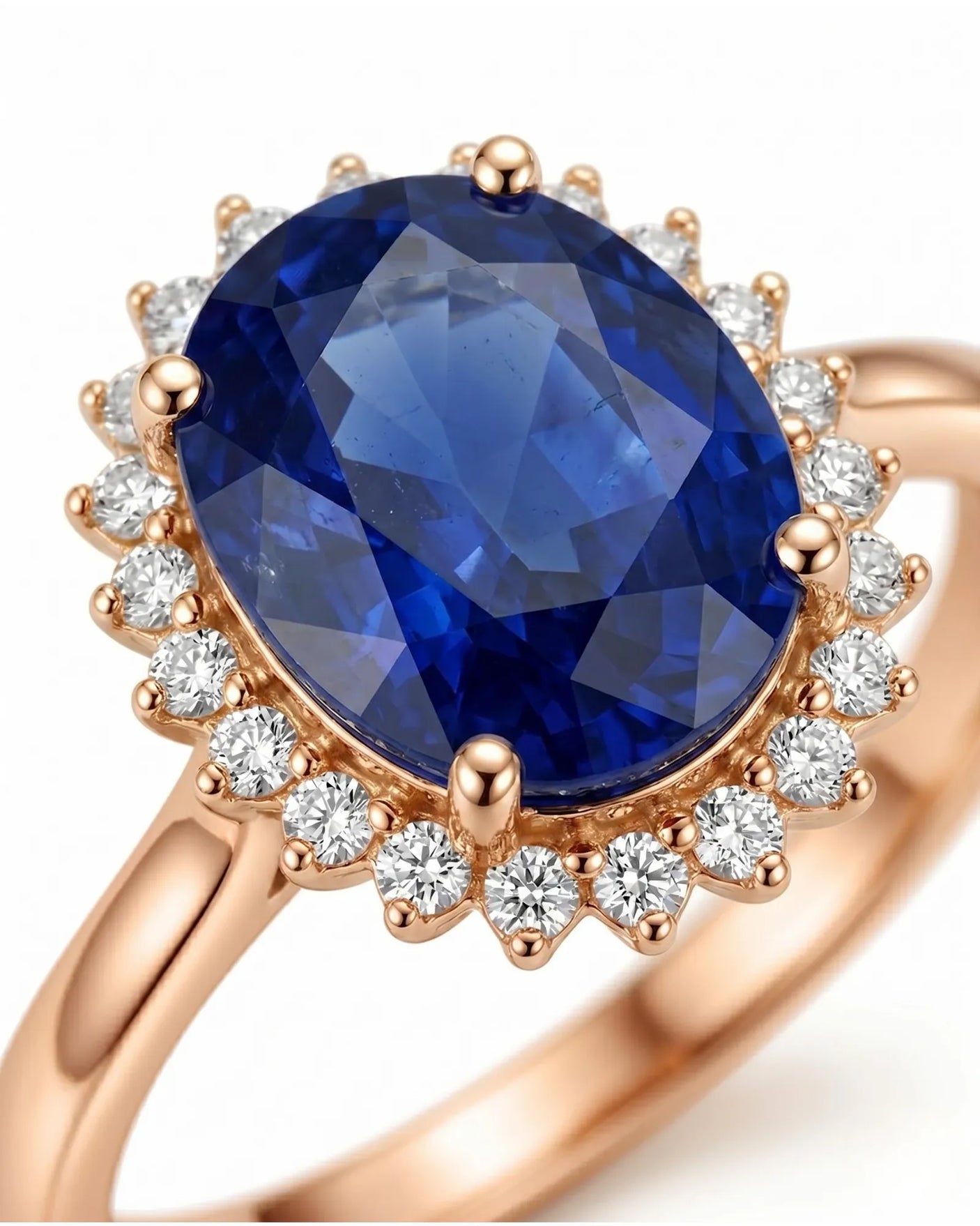Blue oval sapphire ring with brilliant diamond accents in 18K rose gold | SARATTI