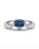 Blue oval sapphire ring with protective bezel design in enduring platinum - SARATTI