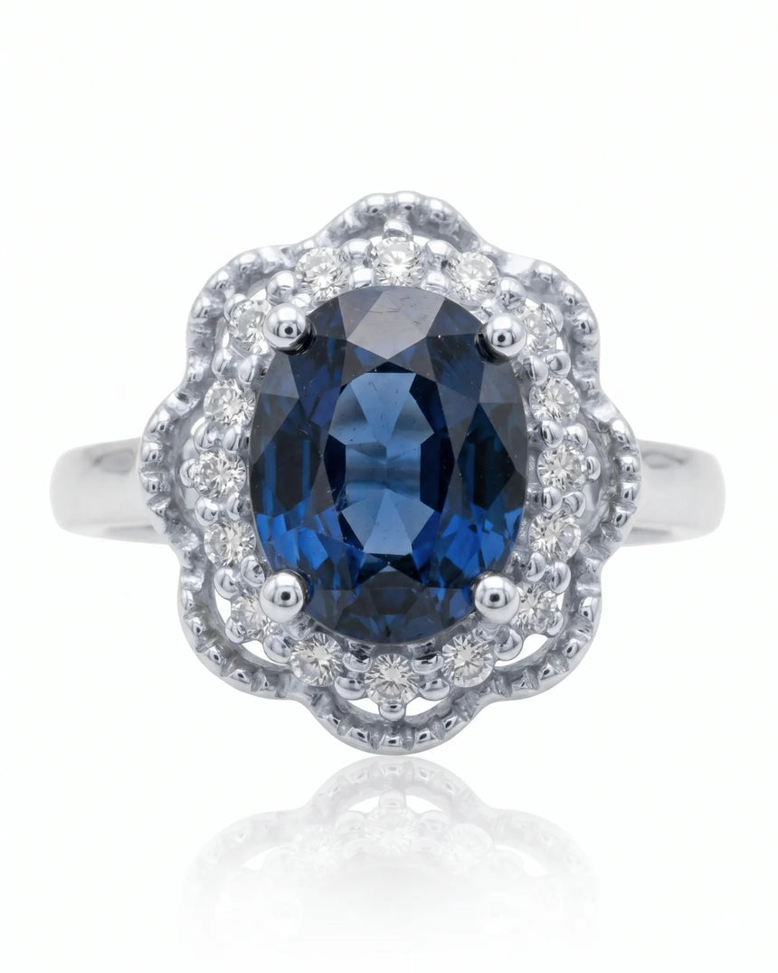 Blue oval sapphire ring with round natural diamonds in 18K white gold - SARATTI