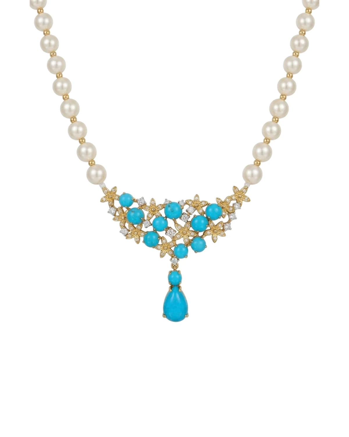 Blue pine gemstone necklace with Akoya baby pearls and 0.23ct diamonds in 18K yellow gold - SARATTI