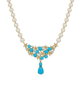 Blue pine gemstone necklace with Akoya baby pearls and 0.23ct diamonds in 18K yellow gold - SARATTI