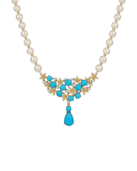 Blue pine gemstone necklace with Akoya baby pearls and 0.23ct diamonds in 18K yellow gold - SARATTI