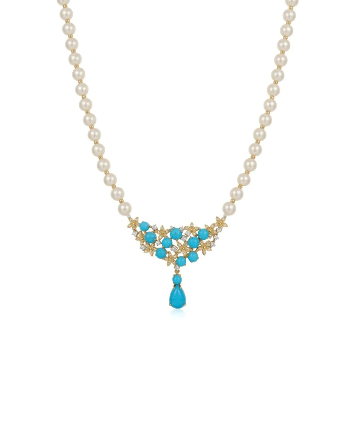 Blue pine gemstone necklace with Akoya baby pearls and 0.23ct diamonds in 18K yellow gold | SARATTI