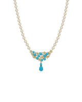 Blue pine gemstone necklace with Akoya baby pearls and 0.23ct diamonds in 18K yellow gold | SARATTI
