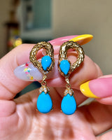 Blue pine teardrop earrings featuring sculptural snake motifs and polished 18K yellow gold craftsmanship - SARATTI