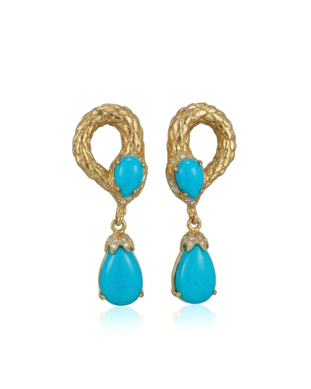 Blue pine teardrop earrings featuring sculptural snake motifs and polished 18K yellow gold craftsmanship | SARATTI