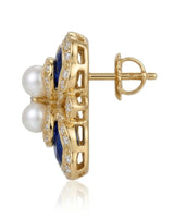 Natural blue sapphire Akoya pearl diamond earring side profile with screw back | SARATTI