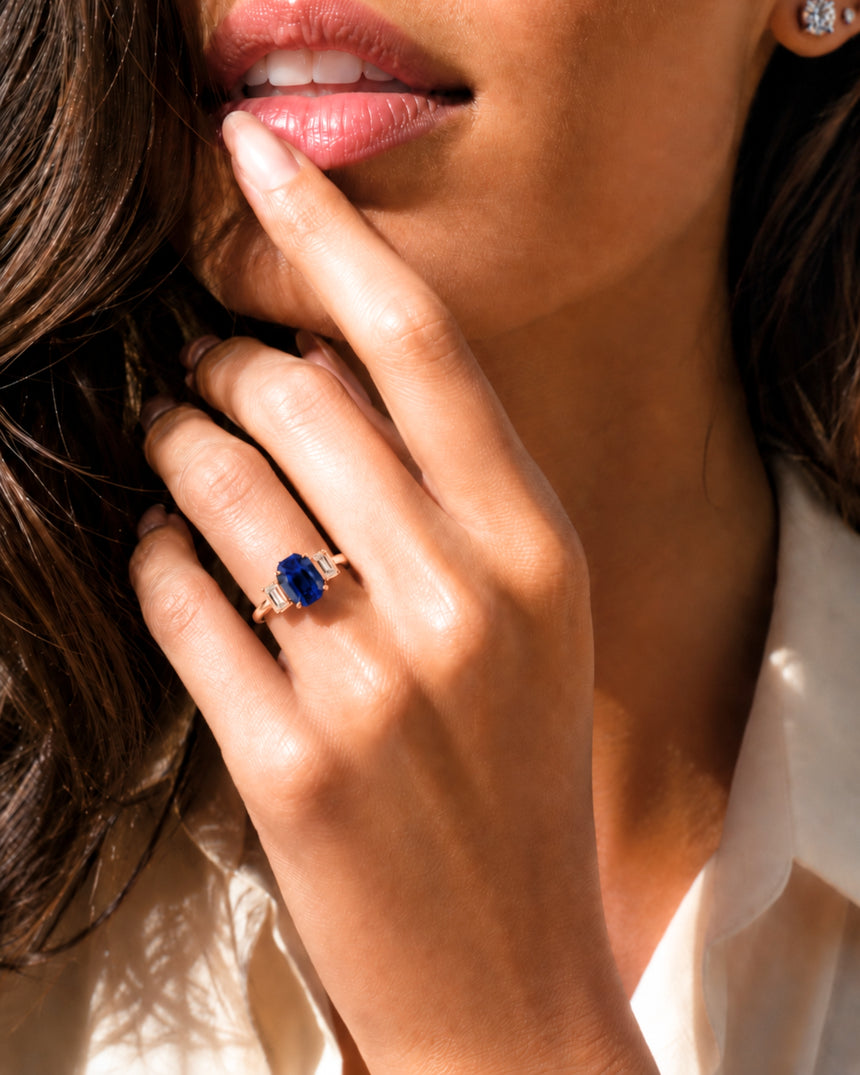 Blue sapphire and diamond engagement ring in 18K rose gold for meaningful gifting | SARATTI