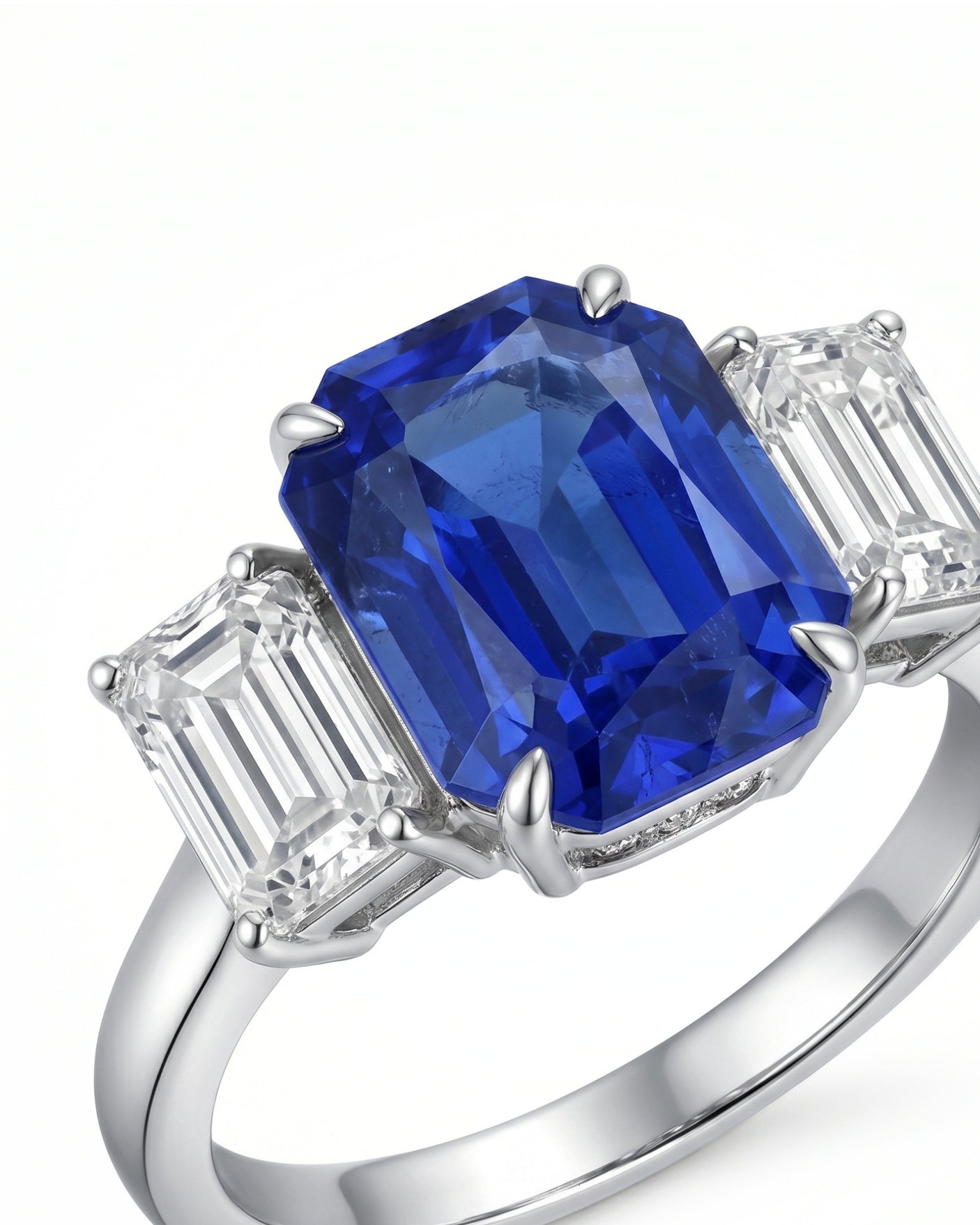 Blue sapphire and diamond engagement ring in 18K white gold for meaningful gifting | SARATTI
