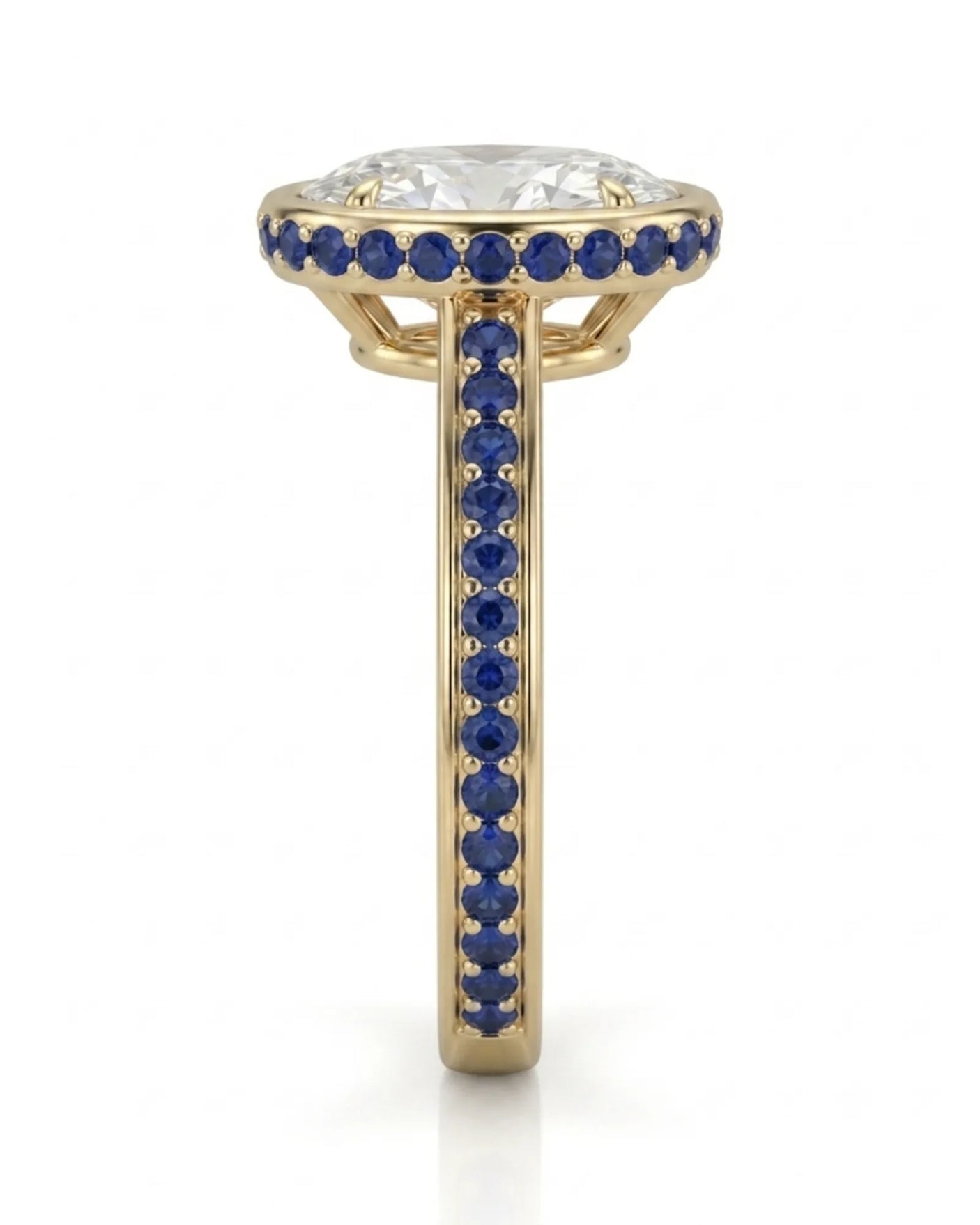 Blue sapphire engagement ring with bezel-set oval natural diamond in elegant 18K yellow gold | SARATTI
