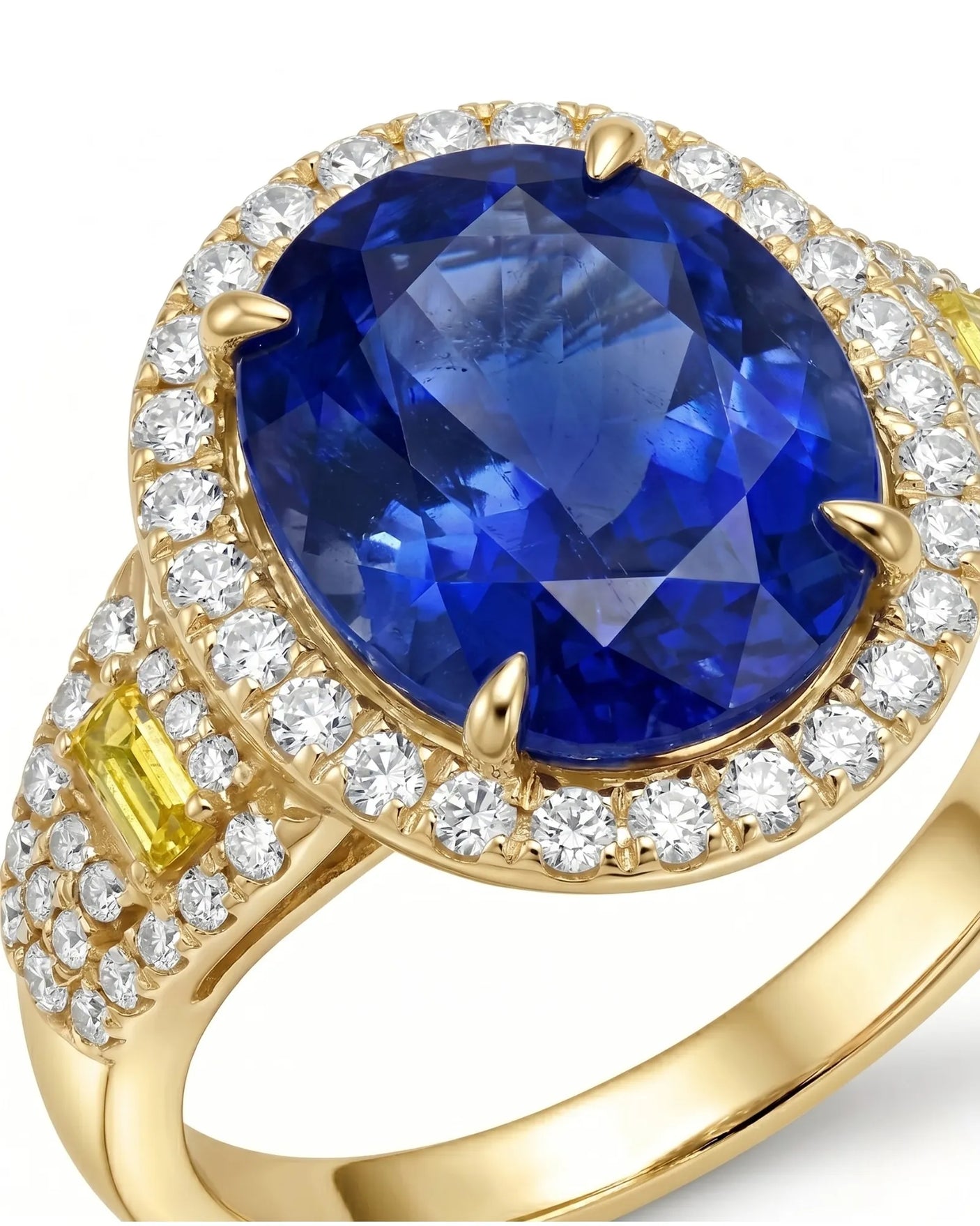 Blue sapphire engagement ring with diamond halo and yellow shoulder stones in 18K yellow gold | SARATTI