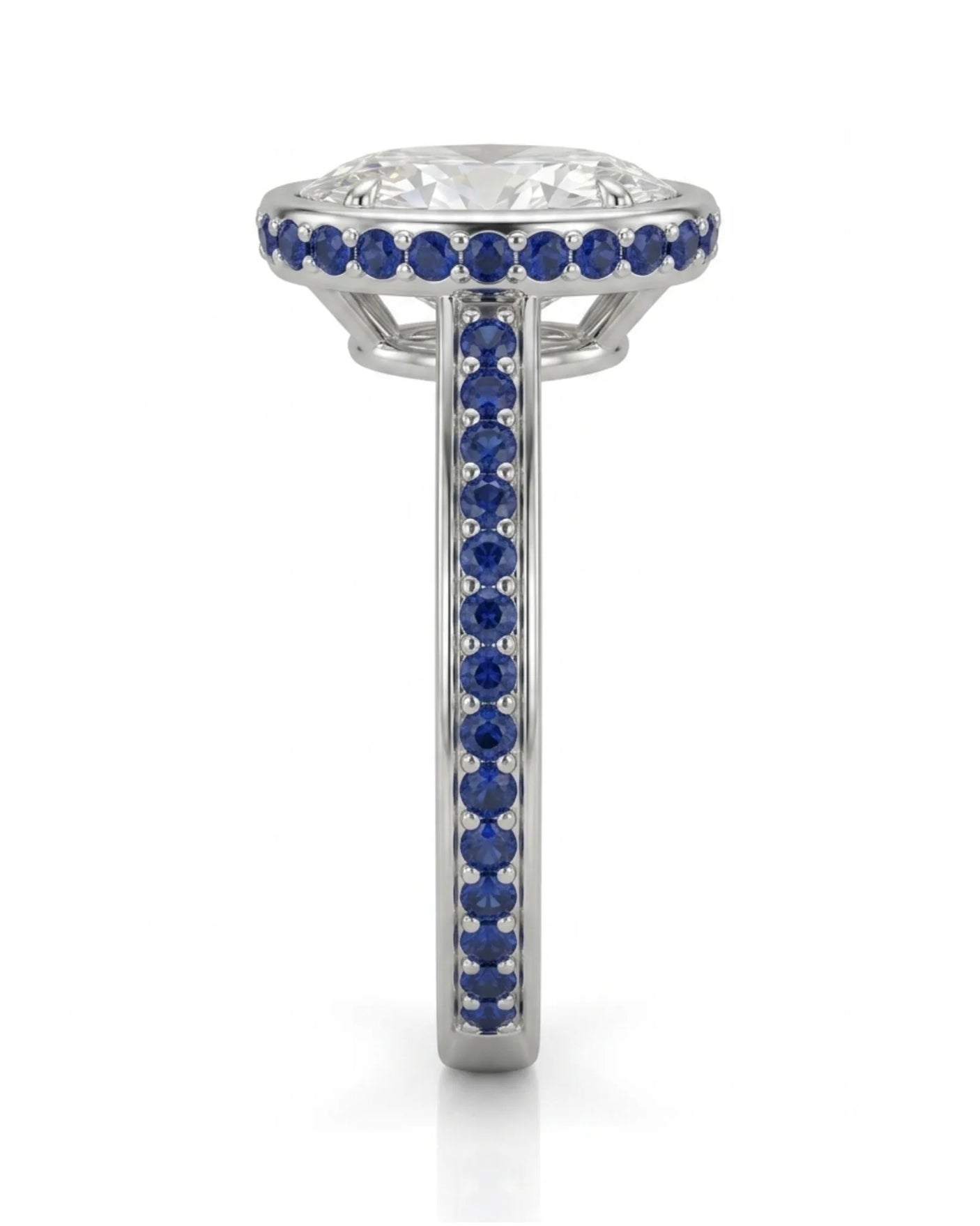 Blue sapphire halo engagement ring with bezel-set oval natural diamond in platinum | SARATTI