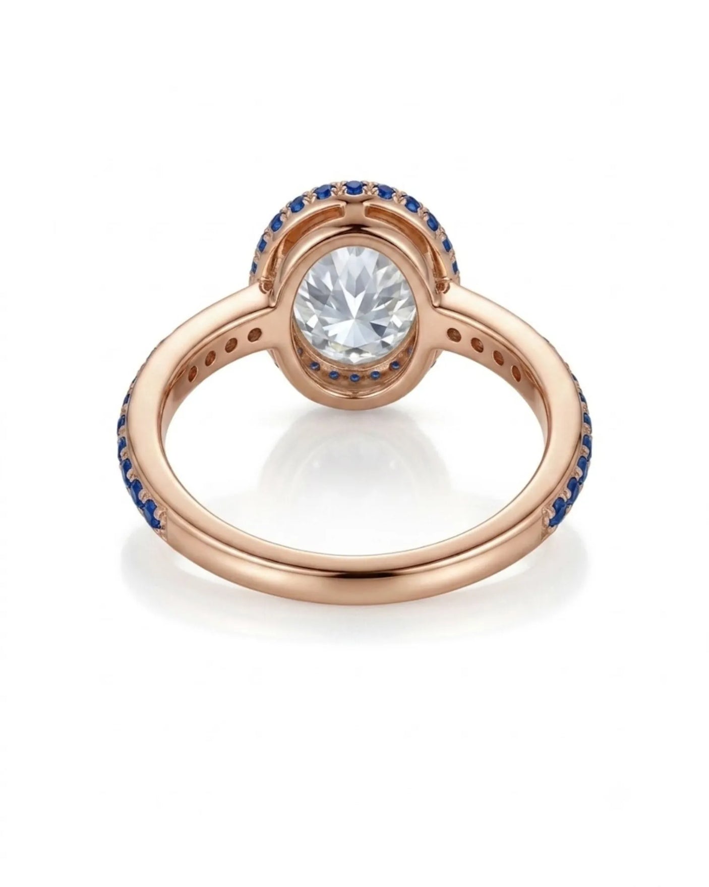 Blue sapphire halo engagement ring with oval natural diamond in elegant 18K rose gold | SARATTI