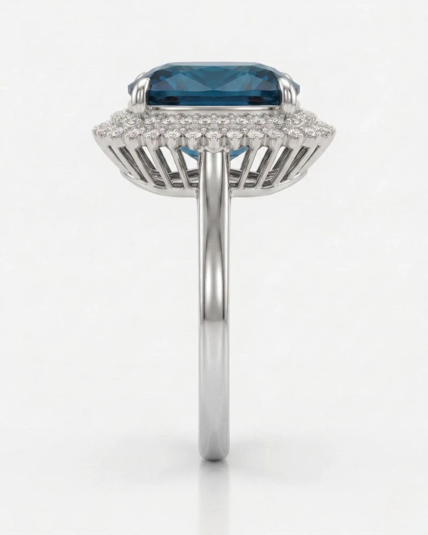 Blue tourmaline engagement ring with double diamond halo in refined 18K white gold | SARATTI